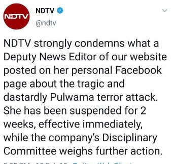 NDTV statement about Nidhi Sethi