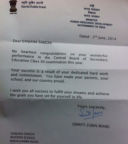 Sanjana received an appriciation letter from HRD Minister