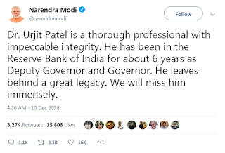 Narendra Modi Tweet about Urjit Patel